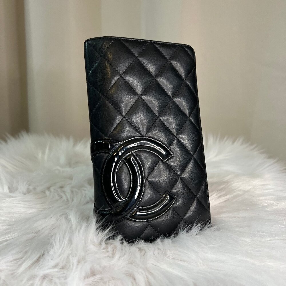 Chanel Cambon Black Quilted Long Wallet With Pink Interior & Multiple Card Slots